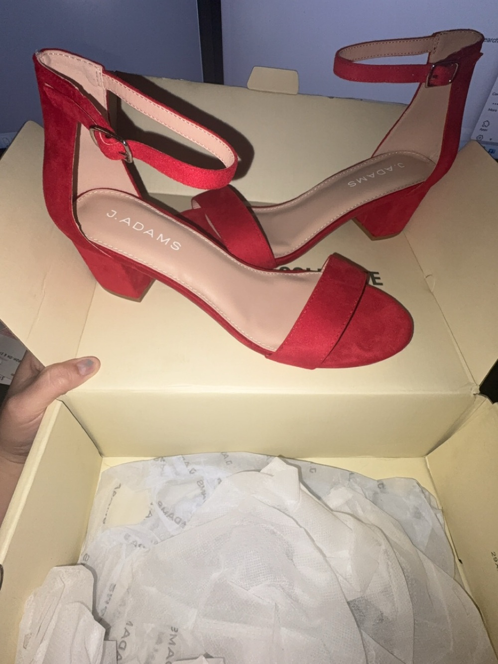 Adams Red Suede Ankle-Strap Block Heel Sandals